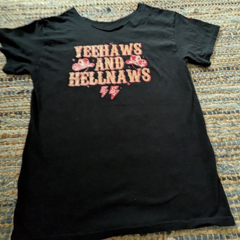 Yeehaws And Hellnaws Black Western Graphic Tee M S/S Distressed Neckline Altered - Picture 2 of 5
